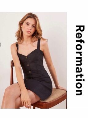 Reformation Black Button-Front Sweetheart Mini Dress
